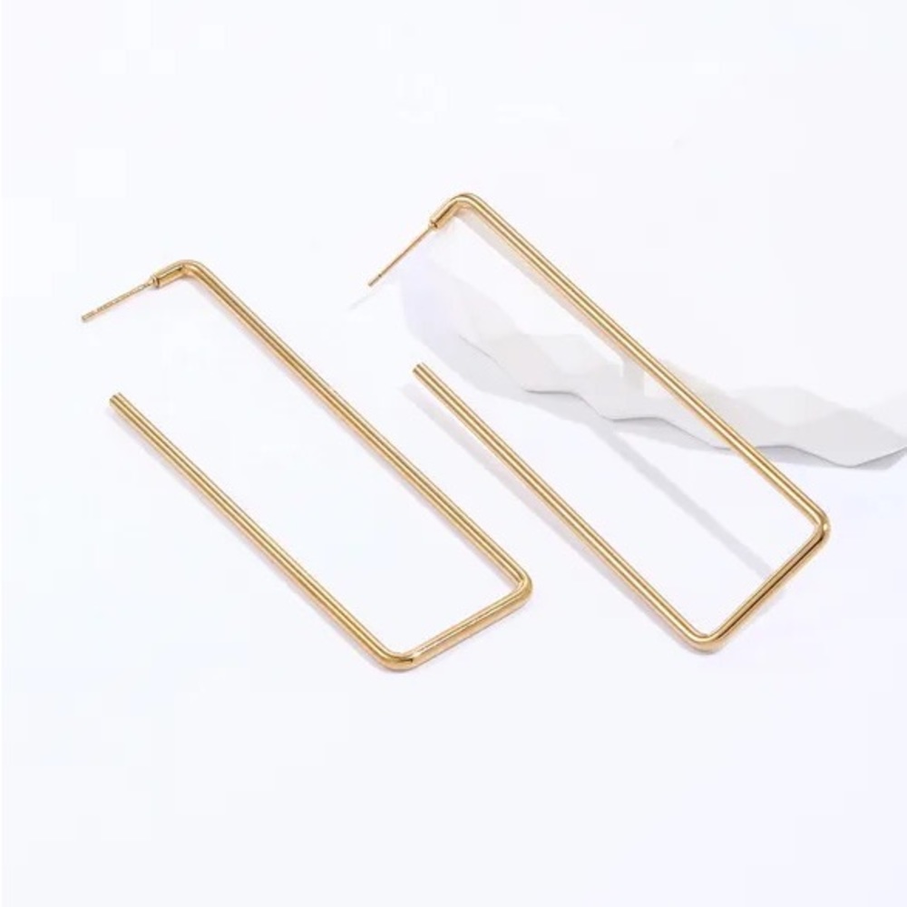 18K Rectangle hoop gold earrings - Picture 2 of 5